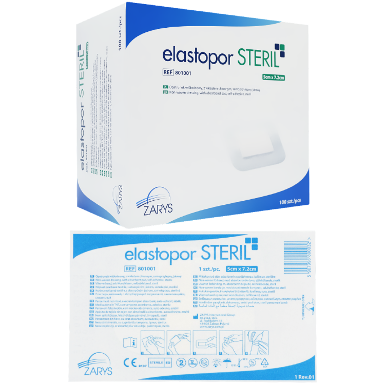 Opatrunek włókninowy z wkładem chłonnym, samoprzylepny Elastopor Steril 5 cm x7,2 cm SM135
